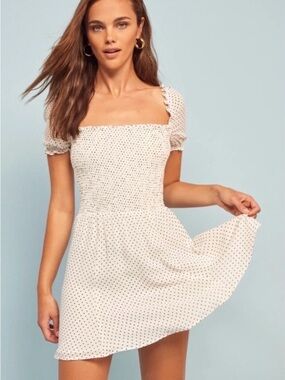 Reformation Bambina Smocked Square Neck White Polka Dot Mini Dress